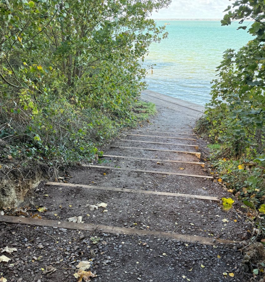 Newly built steps providing access between the Bouldnor Viewpoint and the coastal path