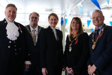 Nigel Hartley, Isle of Wight High Sheriff, Cllr Stuart Ellis, Cowes Town Mayor, Fran Collins, Red Funnel CEO, Cllr Tracy Reader, East Cowes Town Mayor, and Cllr Karl Love, East Cowes Deputy Mayor