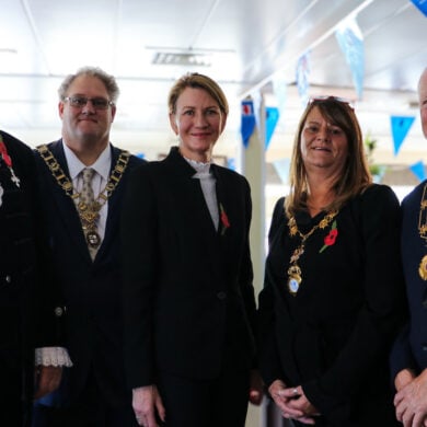 Nigel Hartley, Isle of Wight High Sheriff, Cllr Stuart Ellis, Cowes Town Mayor, Fran Collins, Red Funnel CEO, Cllr Tracy Reader, East Cowes Town Mayor, and Cllr Karl Love, East Cowes Deputy Mayor