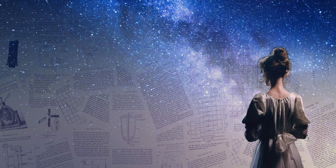 Back of a woman looking at lots of mathematical papers, with milky way stars in the background