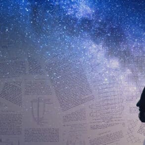 Back of a woman looking at lots of mathematical papers, with milky way stars in the background