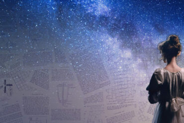 Back of a woman looking at lots of mathematical papers, with milky way stars in the background