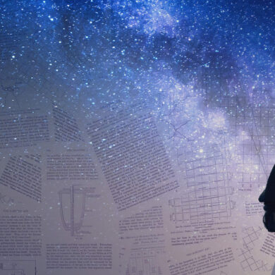 Back of a woman looking at lots of mathematical papers, with milky way stars in the background