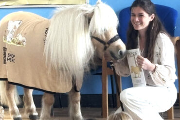 Author Alice Goring with Teddy the Shetland Pony at Queensgate Primary School, East Cowes.